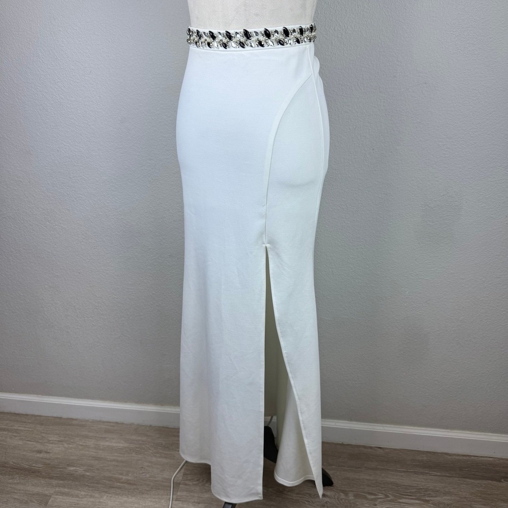 My Michelle‎ White Gems Maxi Skirt Jeweled Waist Slit Dressy Elegant Women's